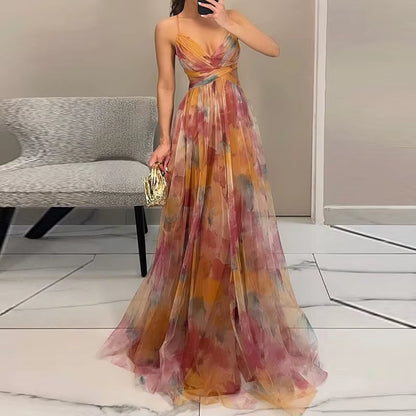 Elegant Pleated Mesh Evening Dress